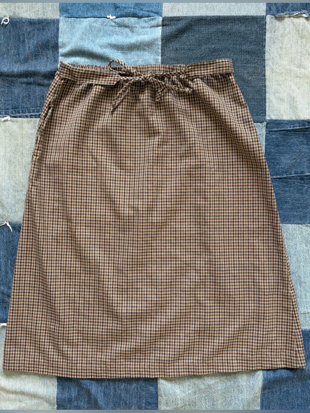 Vintage Plaid Ms. Bottoms Midi Skirt Tie Belt Brown Blue Fits Size M